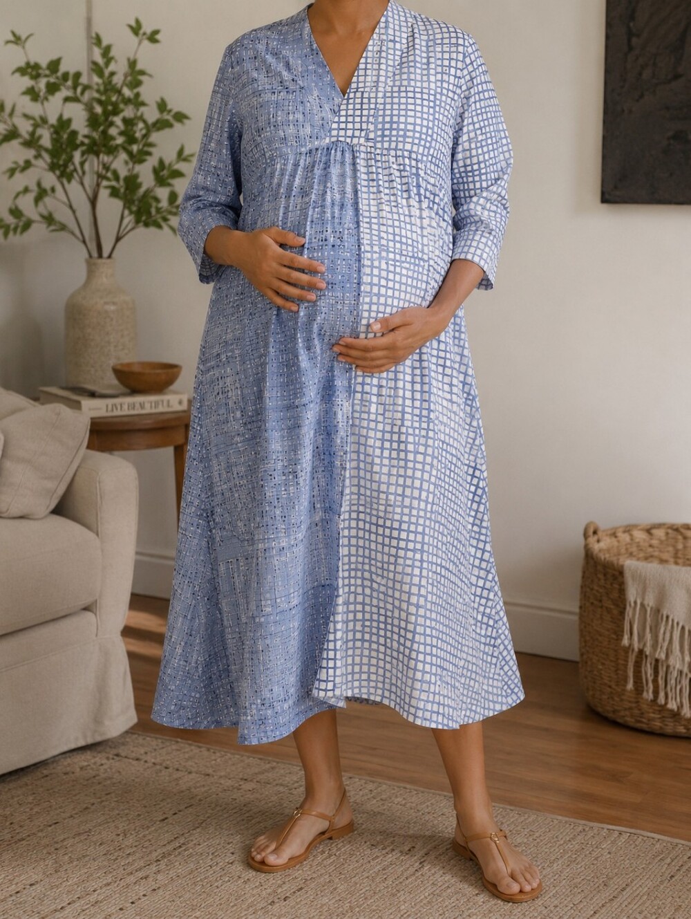 Maternity Maxi Dress - Size Large - Blue Patchwork Print